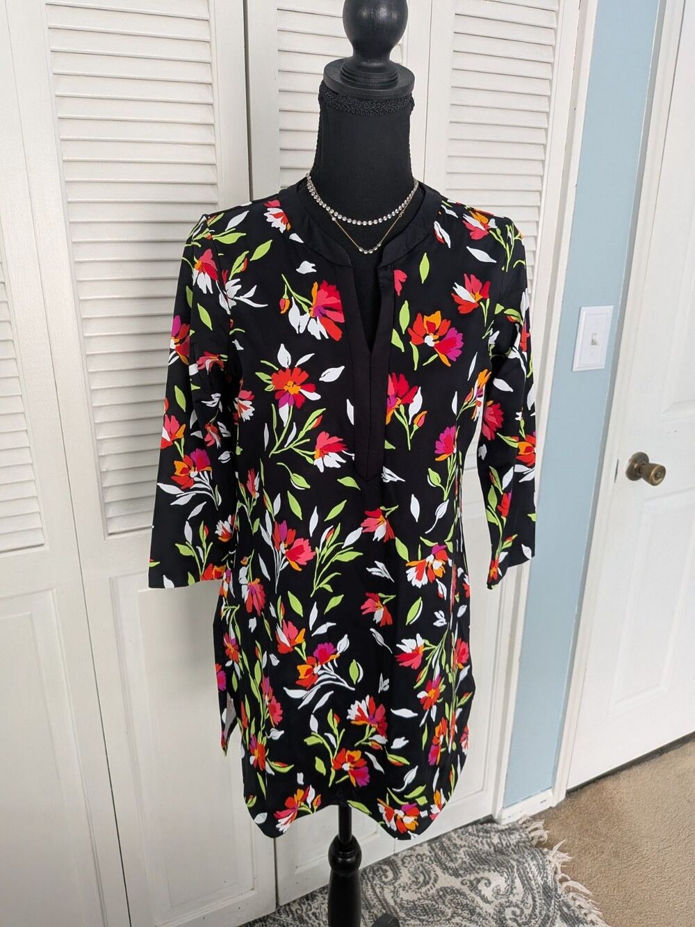 Lands' End Scuba Knit Swim Dress Womens S Floral Print Split Neck Multi Vacation